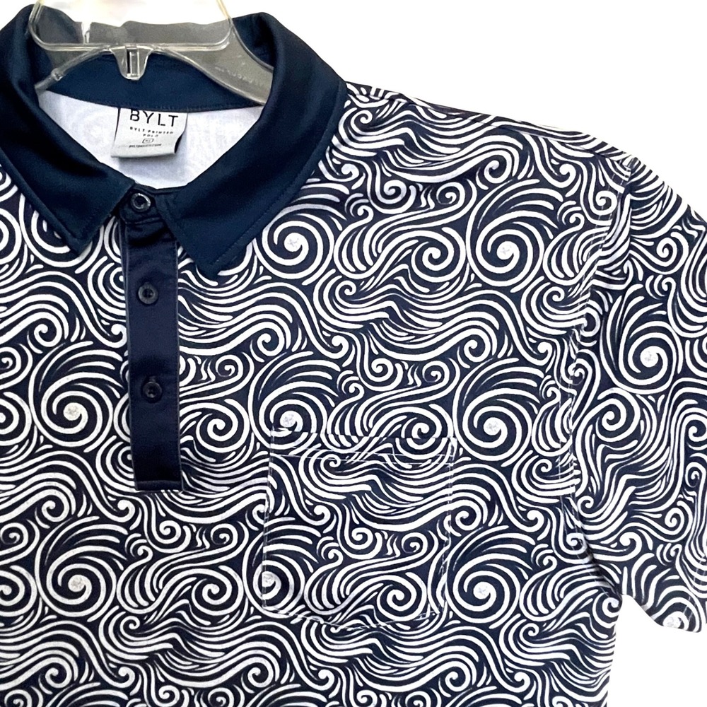 BYLT Printed Polo Mens XL Navy White Wave Swirl Performance Golf Shirt PRT_DC_SS
